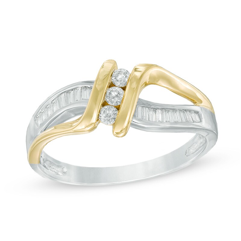 Main Image 1 of 1/4 CT. T.W. Baguette and Round Diamond Three Stone Crossover Split Shank Ring in 10K Two-Tone Gold