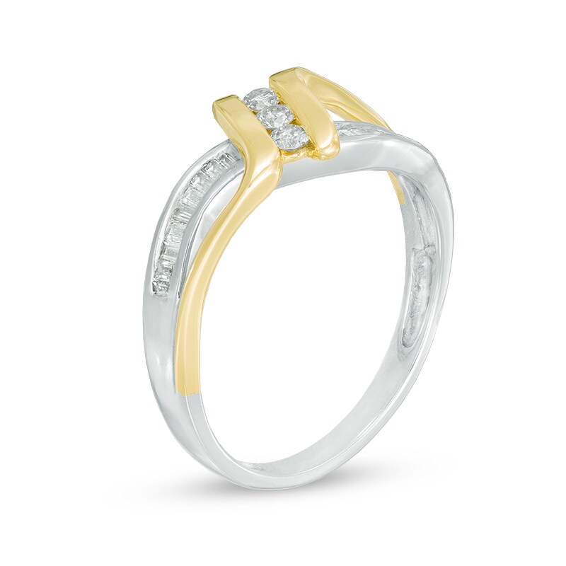 Main Image 2 of 1/4 CT. T.W. Baguette and Round Diamond Three Stone Crossover Split Shank Ring in 10K Two-Tone Gold