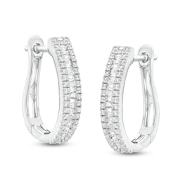 1/2 CT. T.W. Baguette and Round Diamond Hoop Earrings in 10K White Gold