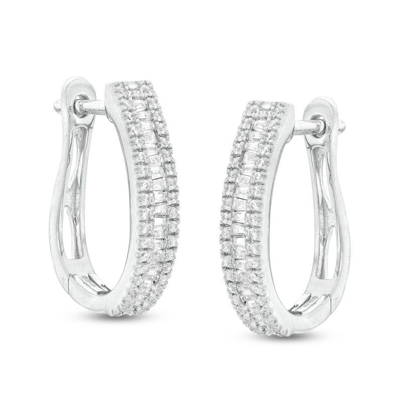 Main Image 1 of 1/2 CT. T.W. Baguette and Round Diamond Hoop Earrings in 10K White Gold