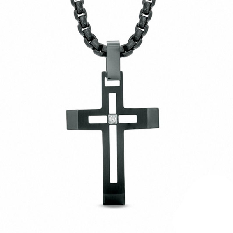 Main Image 1 of Men's Diamond Accent Cross Pendant in Black IP Stainless Steel - 24"