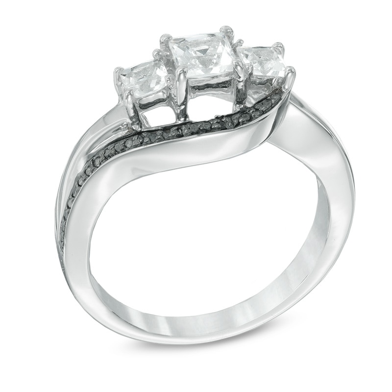 Main Image 2 of Princess-Cut Lab-Created White Sapphire and Black Diamond Accent Three Stone Promise Ring in Sterling Silver