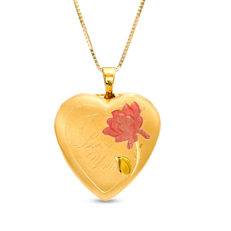 Main Image 1 of Diamond-Cut "I Love You" Rose Heart Locket Necklace Charm in 14K Gold