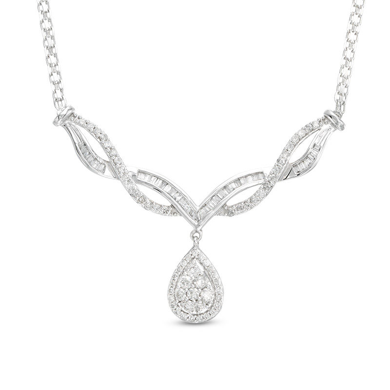 Main Image 1 of 1 CT. T.W. Pear-Shaped Composite Diamond Drop Braid Necklace in 10K White Gold - 17.6"