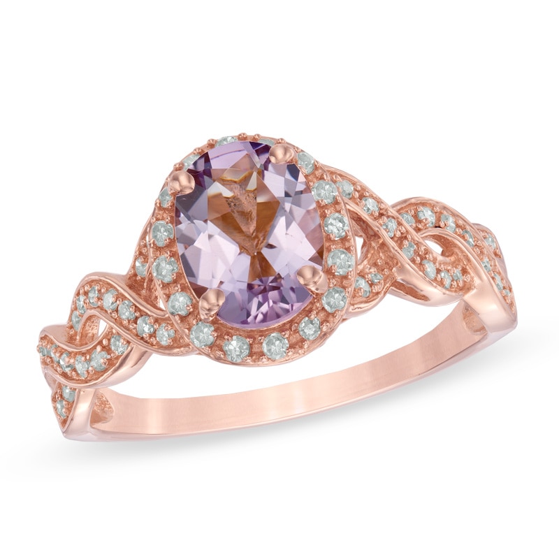Oval Rose de France Amethyst and 1/5 CT. T.W. Diamond Ring in 10K Rose Gold