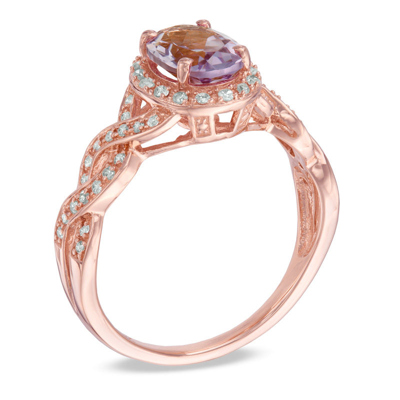 スプリングセール◆アウトレット◆ ROSETclam France製 Oval Rose de France Amethyst and 1/5 CT. T.W. Diamond Ring in 10K