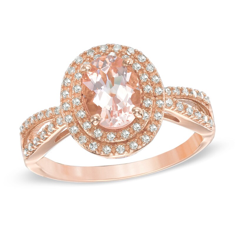 Main Image 1 of Oval Morganite, Pink Tourmaline and 1/5 CT. T.W. Diamond Double Frame Ring in 10K Rose Gold