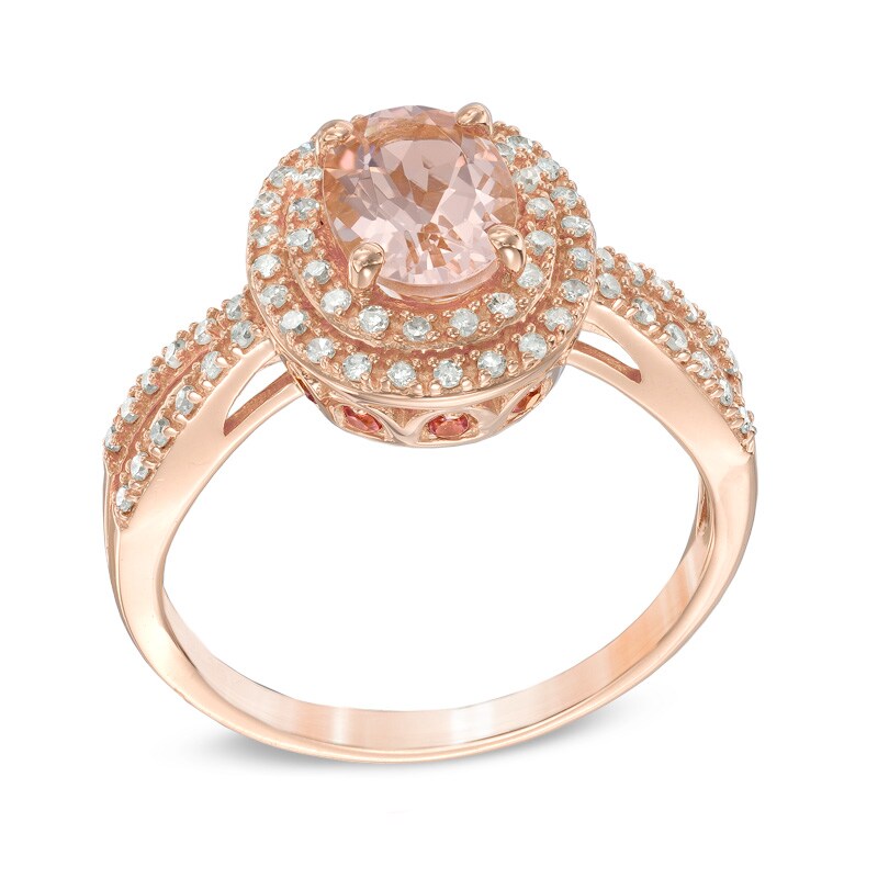 Main Image 2 of Oval Morganite, Pink Tourmaline and 1/5 CT. T.W. Diamond Double Frame Ring in 10K Rose Gold