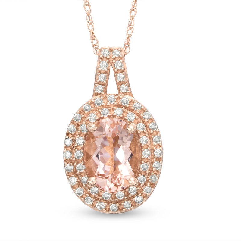Main Image 1 of Oval Morganite, Pink Tourmaline and 1/6 CT. T.W. Diamond Double Frame Pendant in 10K Rose Gold