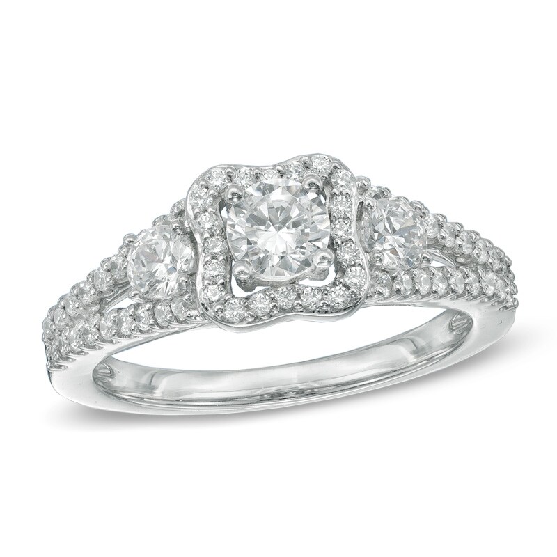 Main Image 1 of Celebration Ideal 1 CT. T.W. Certified Diamond Three Stone Engagement Ring in 14K White Gold (I/I1)
