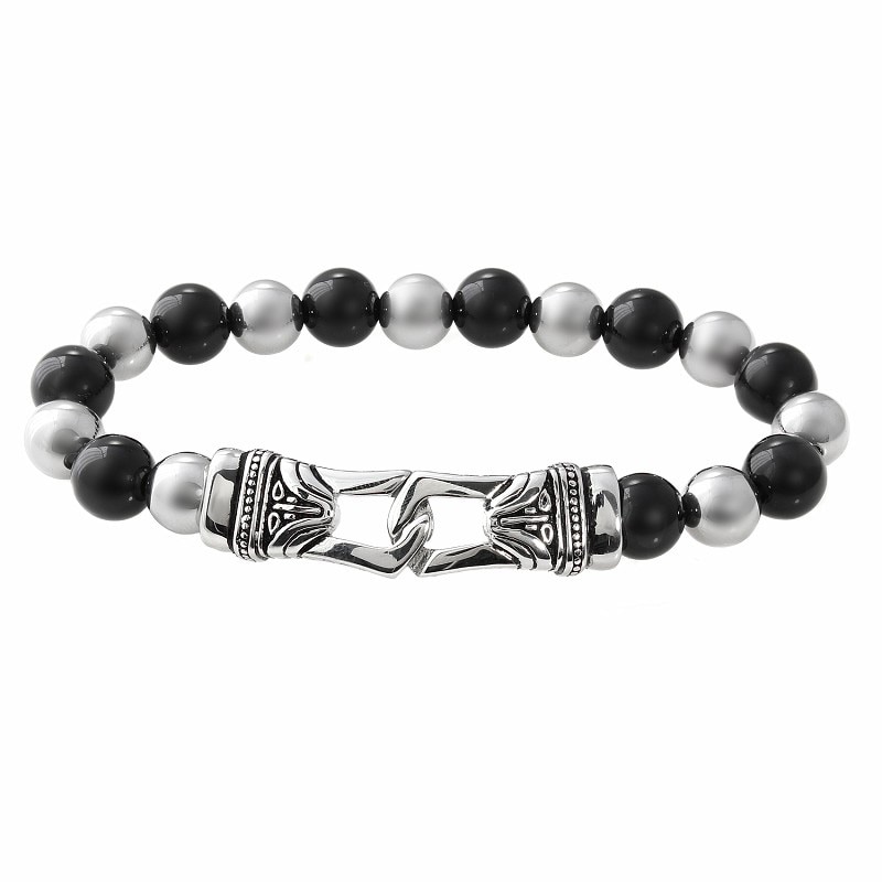Main Image 1 of 10.0mm Black Agate and Stainless Steel Bead Bracelet - 8.5"