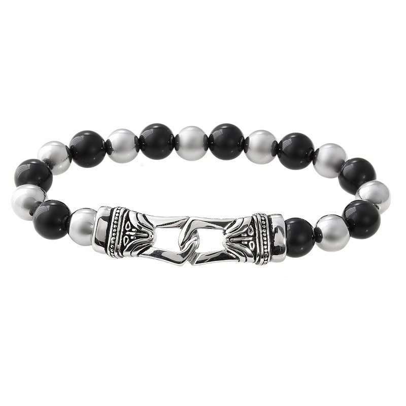 Men's 10.0mm Black Agate and Stainless Steel Bead Bracelet - 8.5"