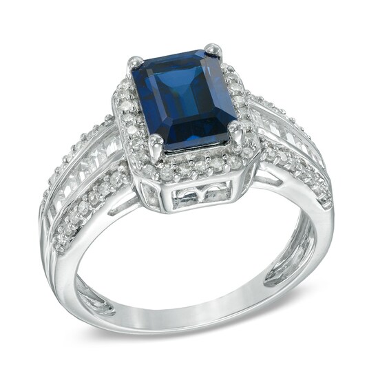 EmeraldCut LabCreated Blue and White Sapphire Ring in Sterling Silver