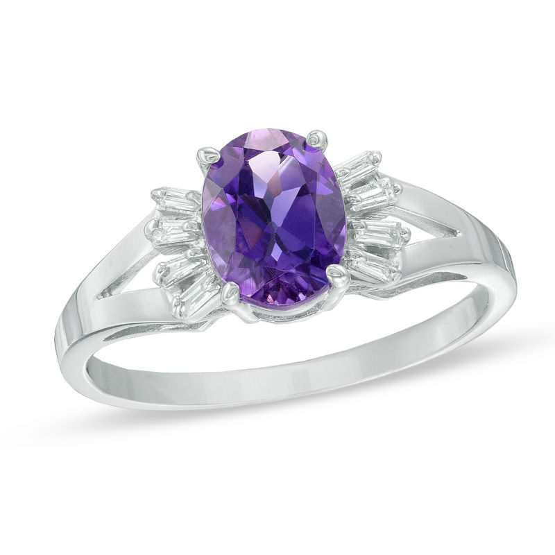 Oval Amethyst and 1/8 CT. T.W. Diamond Ring in 14K White Gold