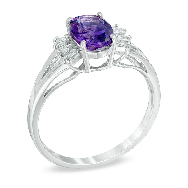Oval Amethyst and 1/8 CT. T.W. Diamond Ring in 14K White Gold