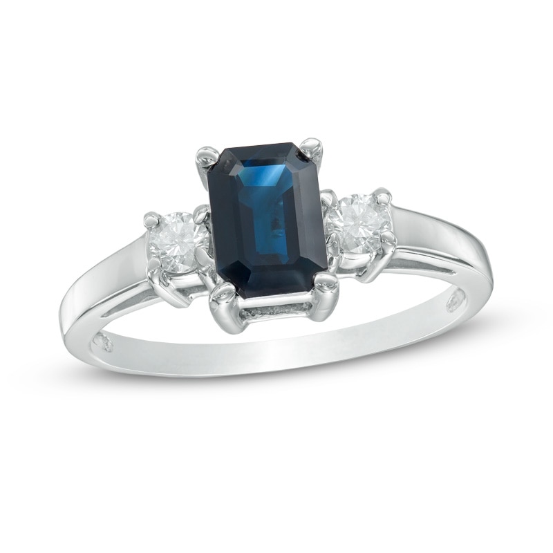 Emerald-Cut Blue Sapphire and 1/6 CT. T.W. Diamond Ring in 14K White Gold