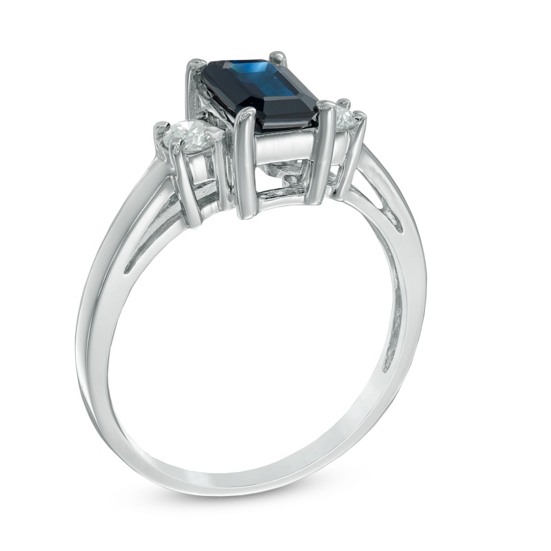 Emerald-Cut Blue Sapphire and 1/6 CT. T.W. Diamond Ring in 14K White Gold