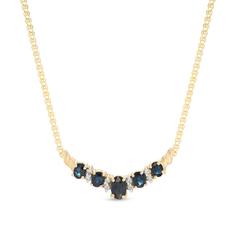 Main Image 1 of Oval Blue Sapphire and 1/8 CT. T.W. Diamond Five Stone Necklace in 14K Gold - 16"