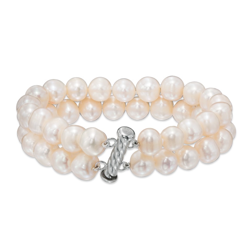 Main Image 2 of 8.5-9.5mm Freshwater Cultured Pearl Double Strand Bracelet with Sterling Silver Clasp-8.0"