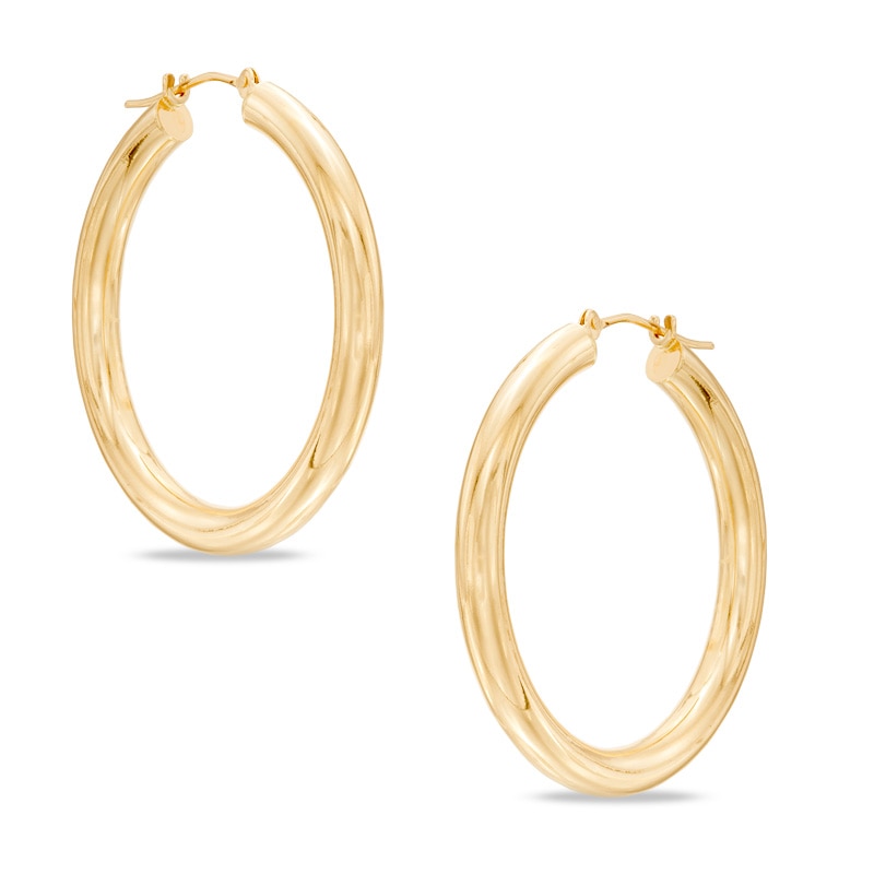 32mm Round Tube Hoop Earrings in 14K Gold
