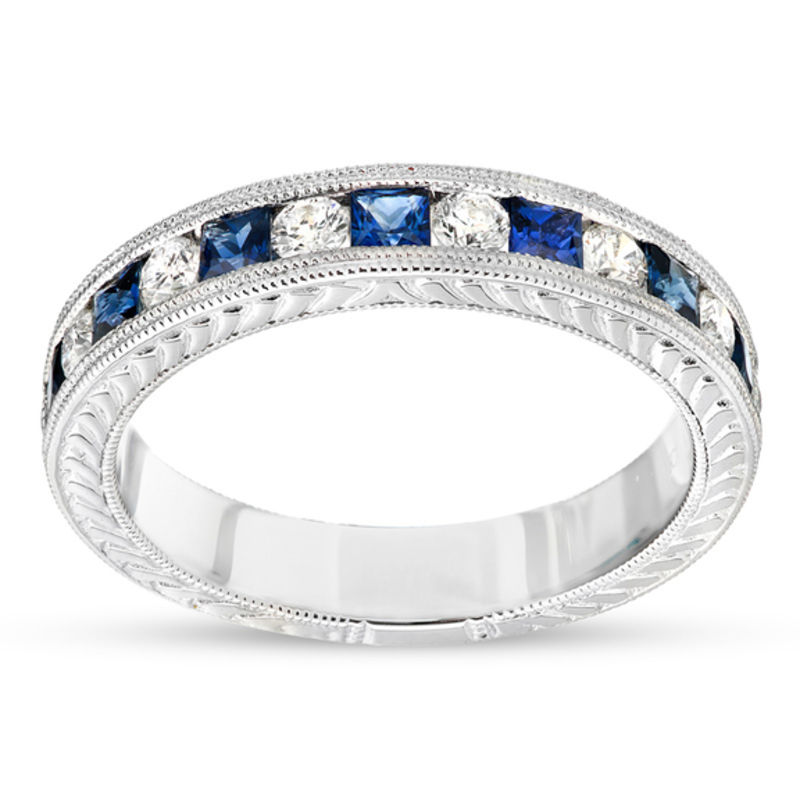 2.ct tw Blue Sapphire /& Diamond 14k Yellow Gold Over Channel Wedding Band Ring