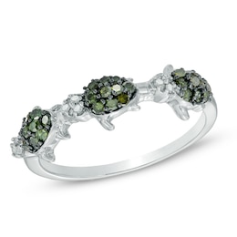 1/4 CT. T.W. Light Green and White Diamond Three Turtle Ring in Sterling Silver