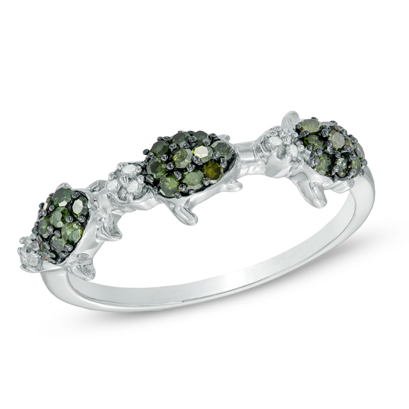 Main Image 1 of 1/4 CT. T.W. Light Green and White Diamond Three Turtle Ring in Sterling Silver
