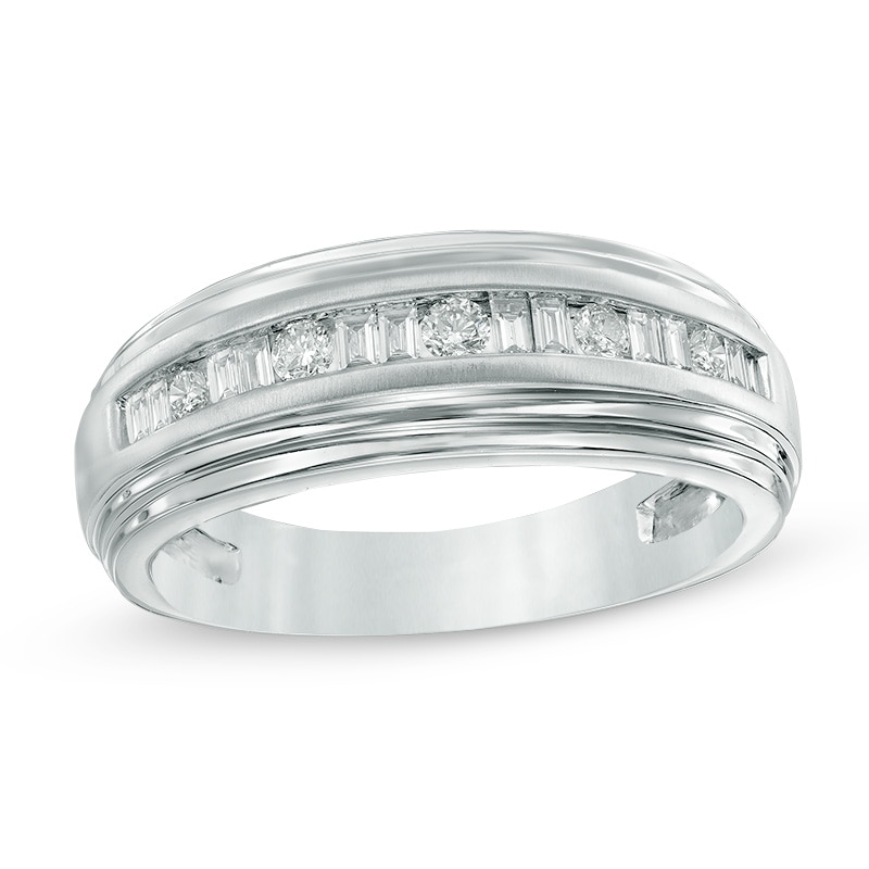1 CT. T.W. Baguette and Round Diamond Alternating Step Edge Band in 14K White Gold