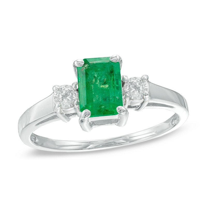 Main Image 1 of Emerald-Cut Emerald and 1/6 CT. T.W. Diamond Ring in 14K White Gold