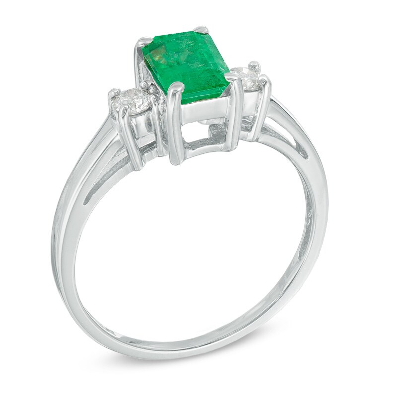 Main Image 2 of Emerald-Cut Emerald and 1/6 CT. T.W. Diamond Ring in 14K White Gold