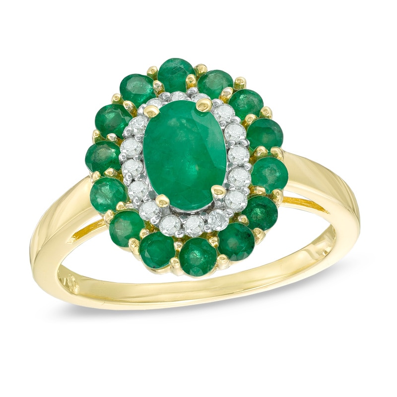 Oval Emerald and 1/6 CT. T.W. Diamond Double Frame Ring in 14K Gold