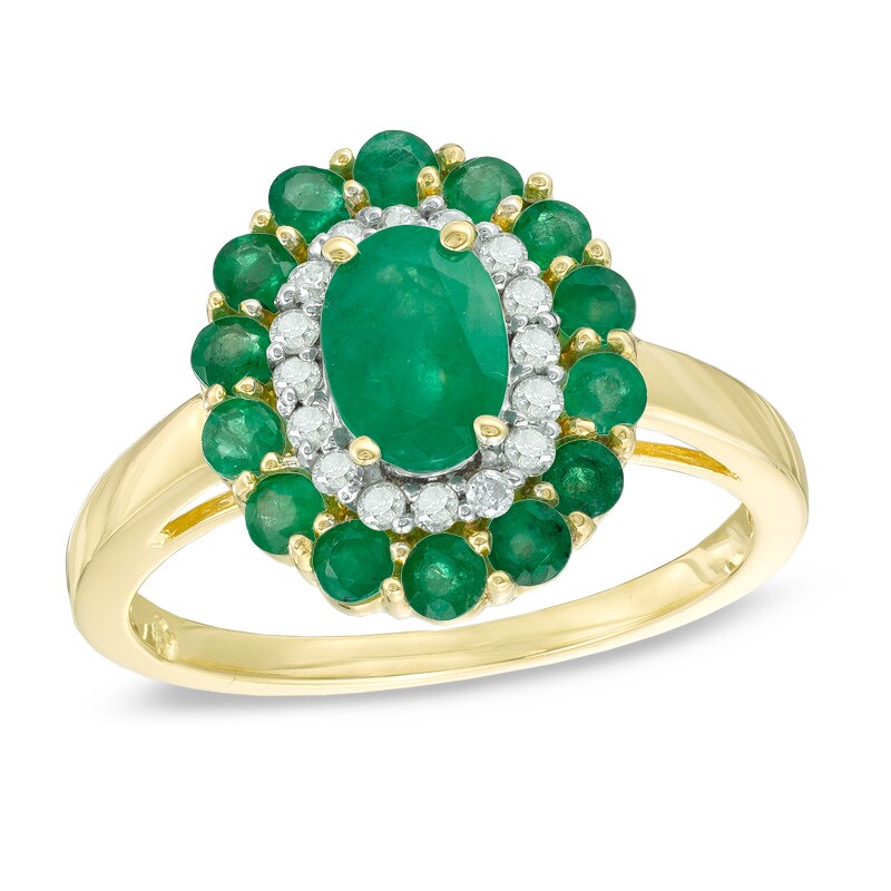 Main Image 1 of Oval Emerald and 1/6 CT. T.W. Diamond Double Frame Ring in 14K Gold