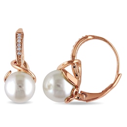 8.0 - 8.5mm Cultured Freshwater Pearl and Diamond Accent Drop Earrings in Rose Rhodium Sterling Silver