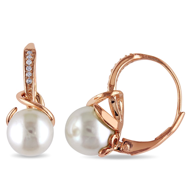 Main Image 1 of 8.0-8.5mm Freshwater Cultured Pearl and Diamond Accent Drop Earrings in Rose Rhodium Sterling Silver