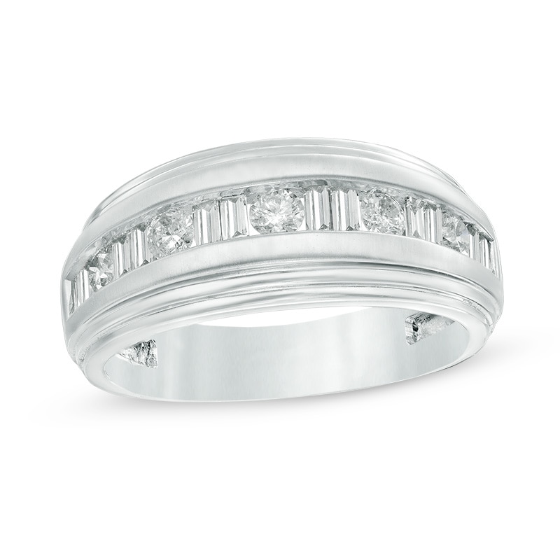 1/2 CT. T.W. Baguette and Round Diamond Alternating Step Edge Band in 14K White Gold