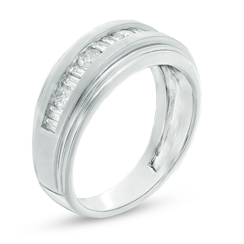 1/2 CT. T.W. Baguette and Round Diamond Alternating Step Edge Band in 14K White Gold