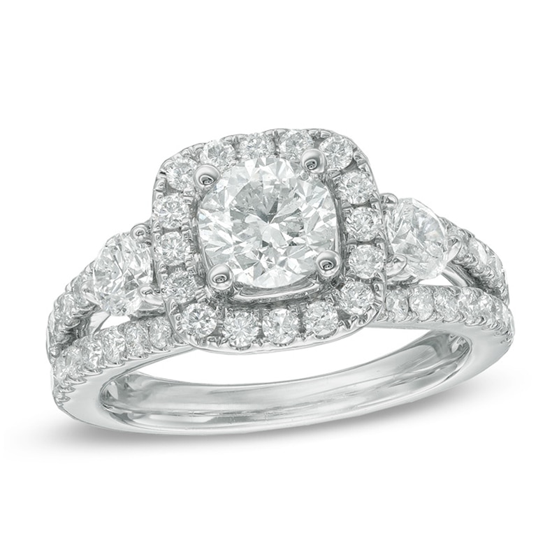 Main Image 1 of Celebration Ideal 2-1/5 CT. T.W. Certified Diamond Three Stone Engagement Ring in 14K White Gold (I/I1)
