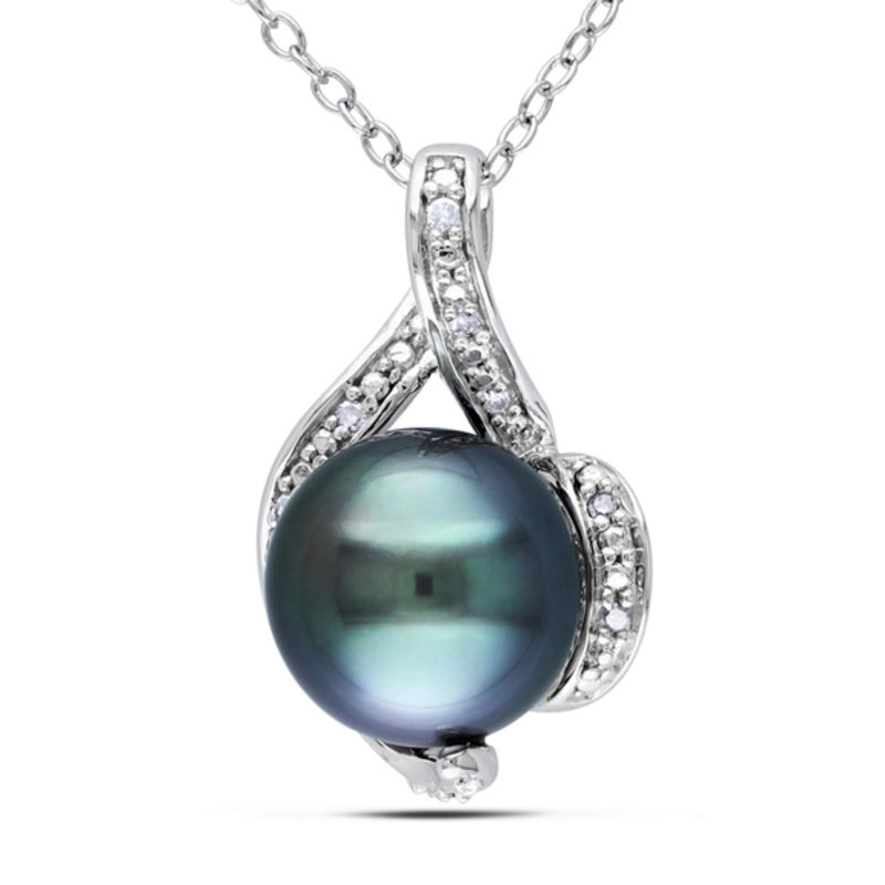 9.0 - 9.5mm Black Cultured Tahitian Pearl and 1/20 CT. T.W. Diamond Pendant in Sterling Silver