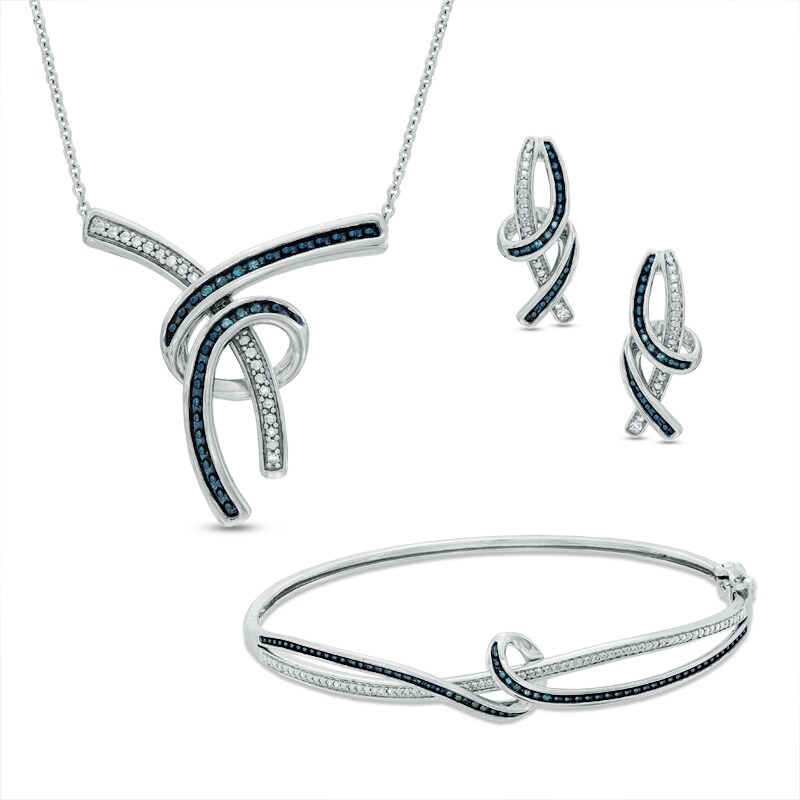 Main Image 1 of 1/8 CT. T.W. Enhanced Blue and White Diamond Necklace, Drop Earrings and Bangle Set in Sterling Silver
