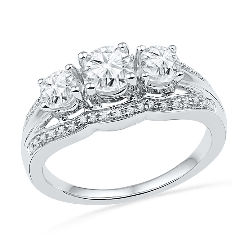 Main Image 1 of Lab-Created White Sapphire and Diamond Accent Frame Three Stone Engagement Ring in Sterling Silver