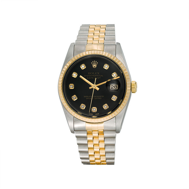 Main Image 1 of Previously Owned - Men's Rolex Datejust 1/10 CT. T.W. Diamond Two-Tone 18K Gold Watch with Black Dial (Model: 16233)