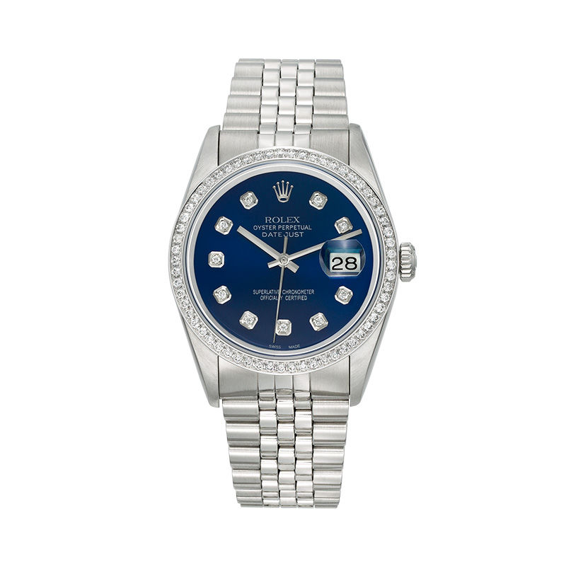 Previously Owned - Men's Rolex Datejust 1 CT. T.W. Diamond 18K White Gold Watch with Blue Dial (Model: 16220)