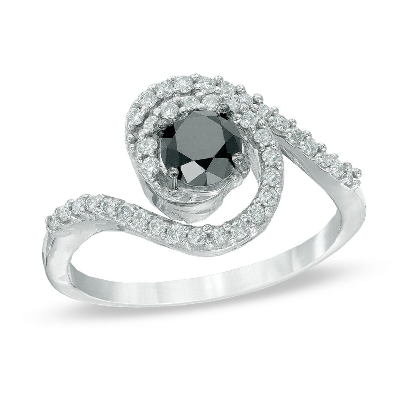 1 CT. T.W. Enhanced Black and White Diamond Swirl Frame Ring in 10K White Gold