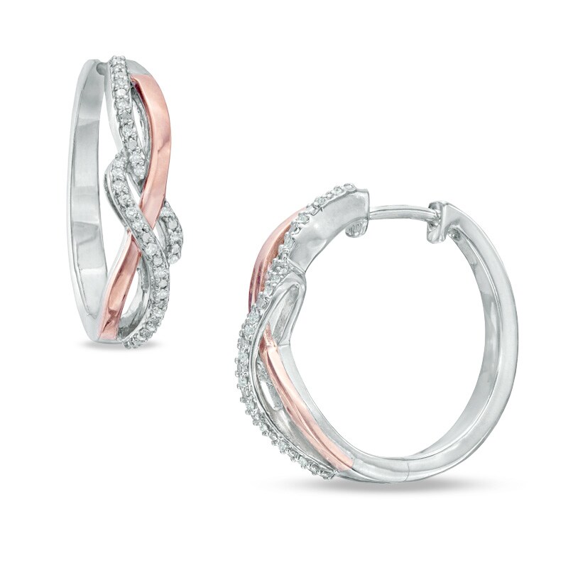 Main Image 1 of 1/10 CT. T.W. Diamond Abstract Ribbon Hoop Earrings in Sterling Silver and 10K Two-Tone Gold