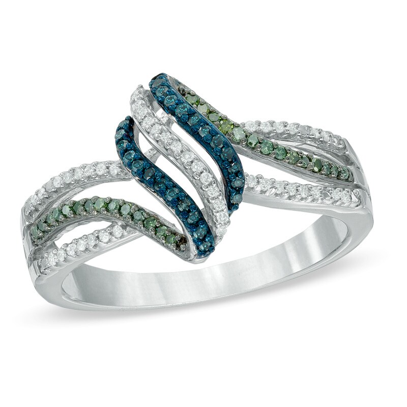 Main Image 1 of 1/5 CT. T.W. Enhanced Blue, Green and White Diamond Flame Ring in Sterling Silver