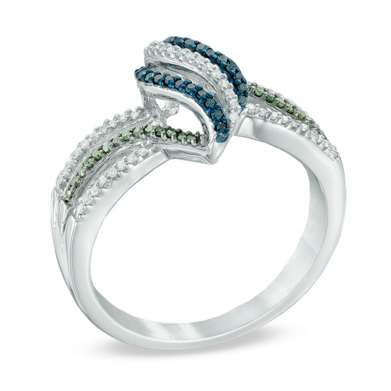 Main Image 2 of 1/5 CT. T.W. Enhanced Blue, Green and White Diamond Flame Ring in Sterling Silver