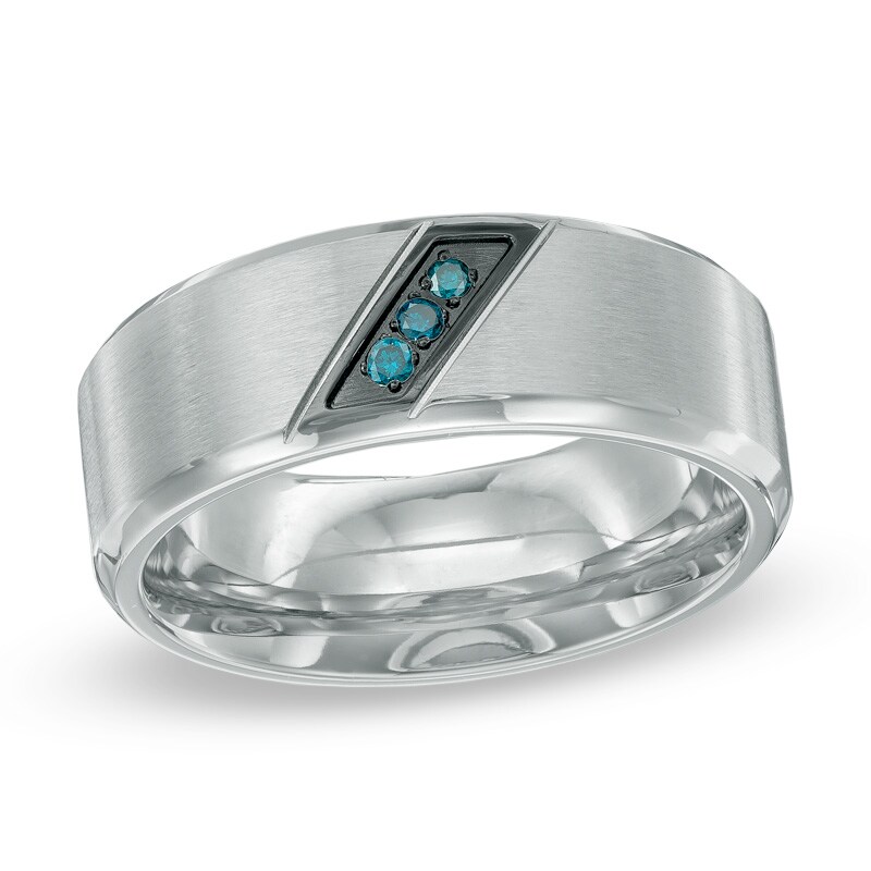 Men's Enhanced Blue Diamond Accent Slant Ring in Two-Tone Stainless Steel - Size 10