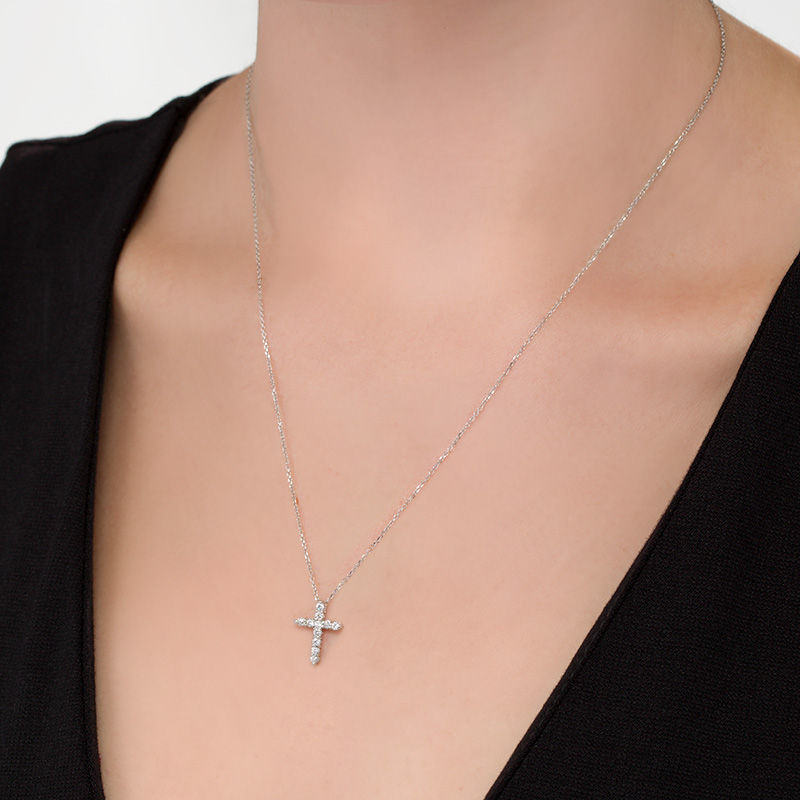 Main Image 2 of 1/4 CT. T.W. Certified Diamond Cross Pendant in 14K White Gold (I/I2)