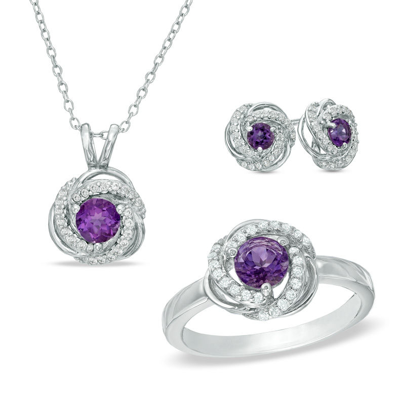 Main Image 1 of Amethyst and Lab-Created White Sapphire Pendant, Ring and Stud Earrings Set in Sterling Silver - Size 7