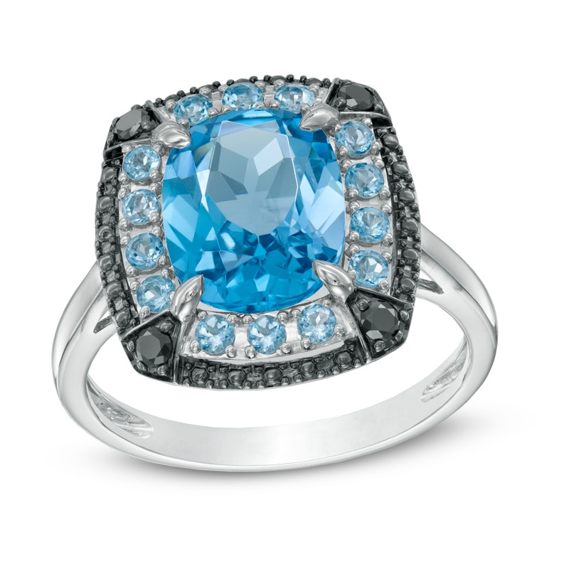 Cushion-Cut Blue Topaz and 1/10 CT. T.W. Black Diamond Ring in 10K White Gold
